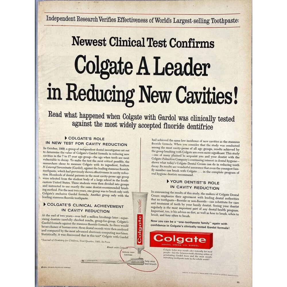 Colgate Dental Cream "A Leader in Reducing New Cavities!" VTG Print Ad 1963